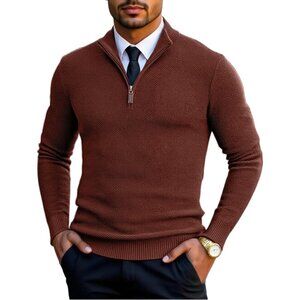 Men's Slim Fit Quarter Zip Pullover Sweater Knit Mock Neck Polo Brown Sweater